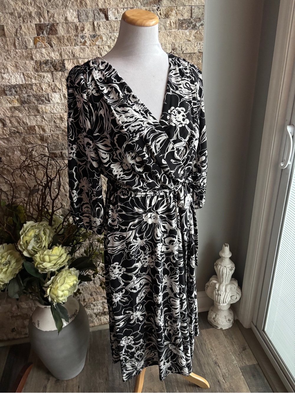 DKNY Black & White Floral Wrap-Style Midi Dress